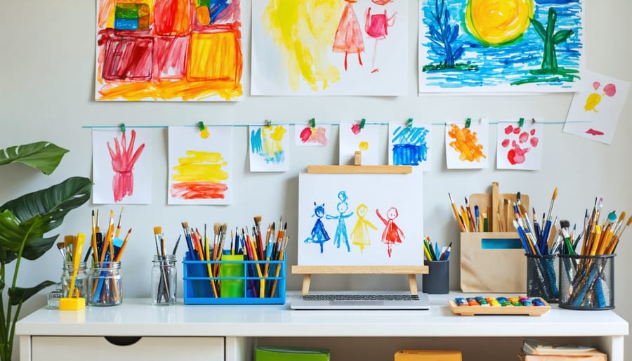Organized children's art space with easel, art supplies, and displayed artwork