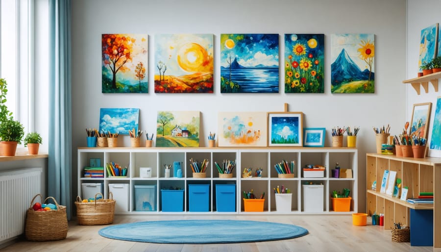 Child-friendly art corner with organized supplies and displayed artwork
