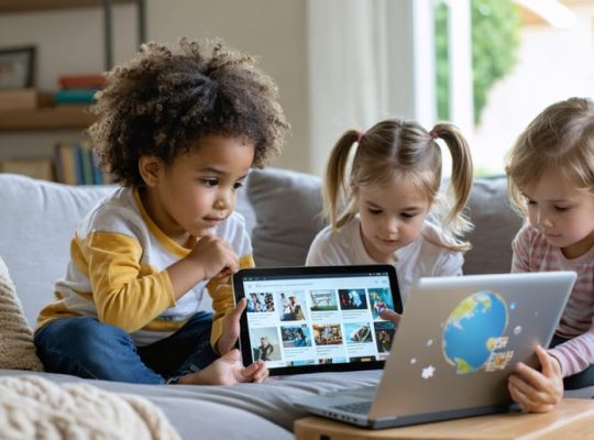 Diverse group of children thoughtfully engaging with different media types including digital tablets, laptops, and books, set in a cozy living room environment, symbolizing balanced media consumption and learning.
