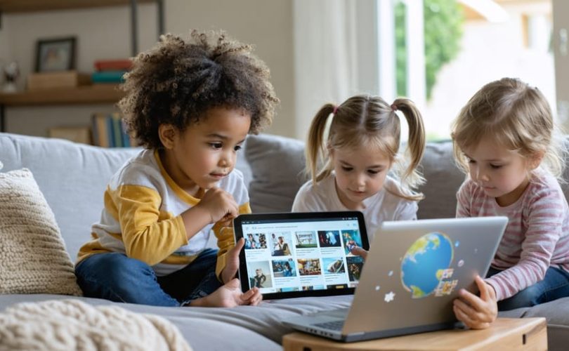 Diverse group of children thoughtfully engaging with different media types including digital tablets, laptops, and books, set in a cozy living room environment, symbolizing balanced media consumption and learning.