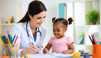 Child sitting with a psychologist in a comfortable and engaging clinical setting, surrounded by cheerful toys and colorful decor, symbolizing a safe space for mental health evaluation.
