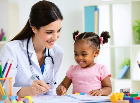 Child sitting with a psychologist in a comfortable and engaging clinical setting, surrounded by cheerful toys and colorful decor, symbolizing a safe space for mental health evaluation.