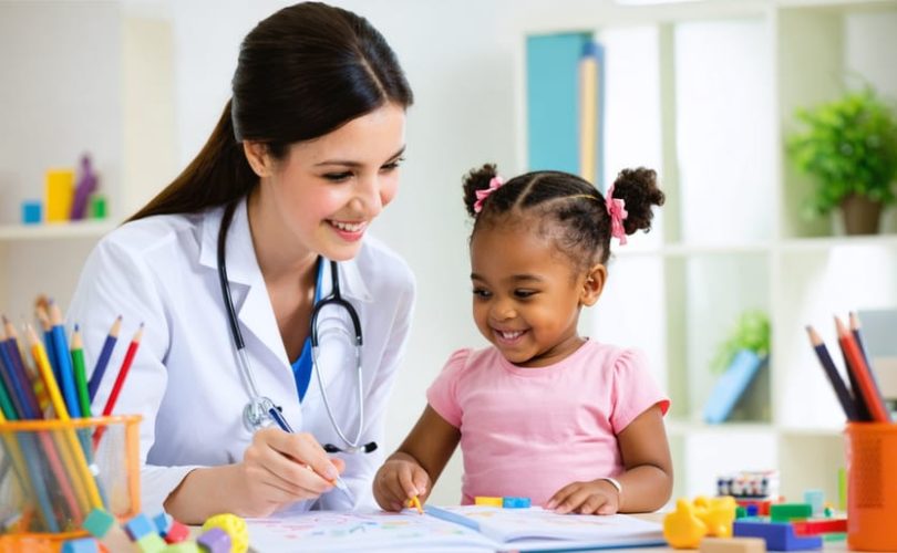 Child sitting with a psychologist in a comfortable and engaging clinical setting, surrounded by cheerful toys and colorful decor, symbolizing a safe space for mental health evaluation.