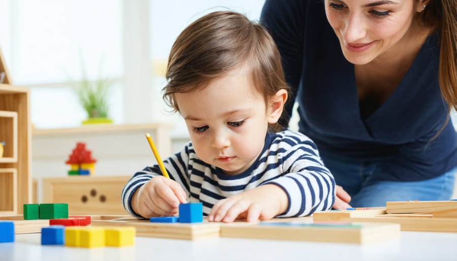 Child using Montessori sensorial materials with parent watching nearby