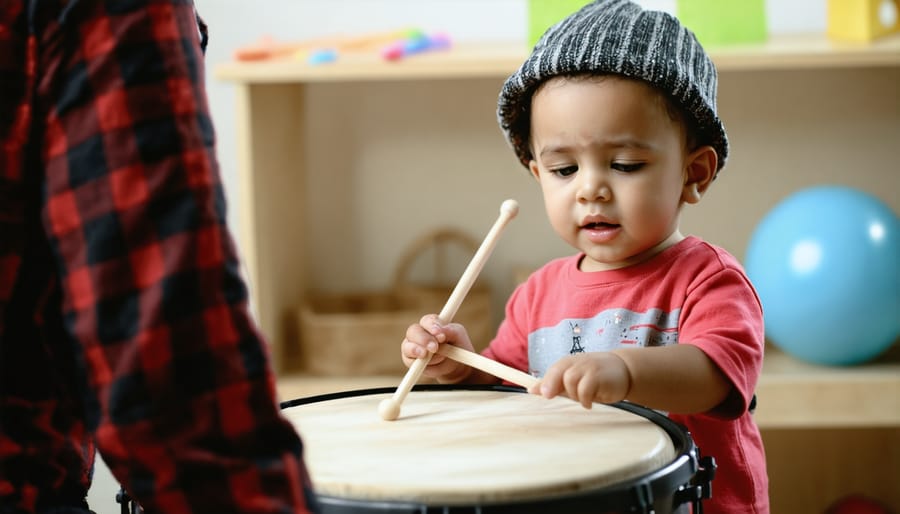 Young child enthusiastically playing drums while interacting with a professional music therapist