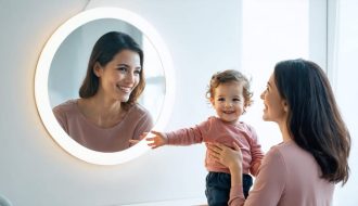 A parent and child share a moment in front of a mirror, both smiling and making positive gestures. The image represents the transmission of self-esteem from parent to child, highlighting their emotional bond.