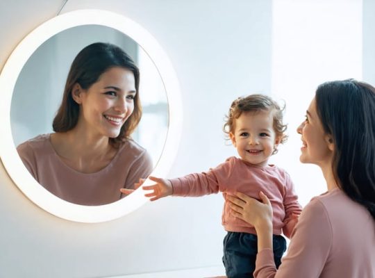A parent and child share a moment in front of a mirror, both smiling and making positive gestures. The image represents the transmission of self-esteem from parent to child, highlighting their emotional bond.