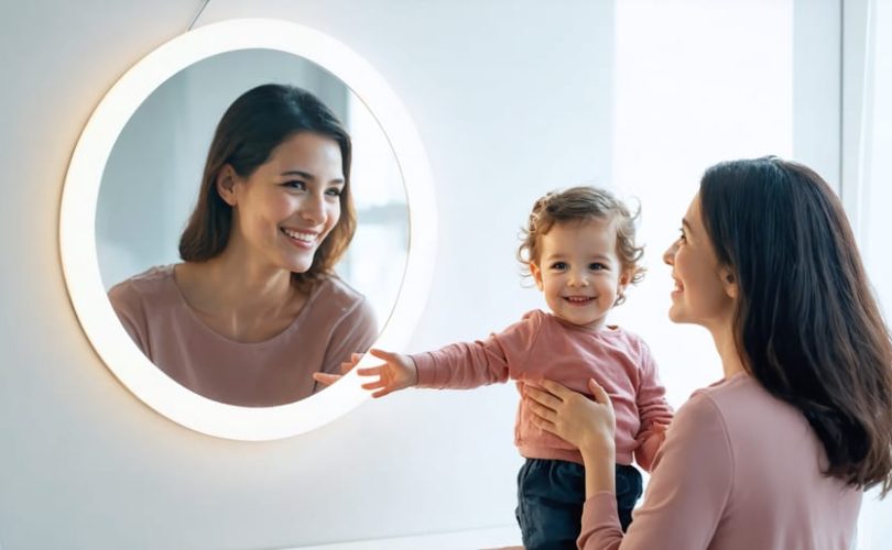 A parent and child share a moment in front of a mirror, both smiling and making positive gestures. The image represents the transmission of self-esteem from parent to child, highlighting their emotional bond.