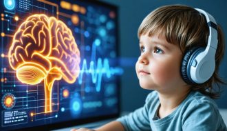 A young child participating in a neurofeedback session, wearing an EEG headset and watching animated feedback on a screen, symbolizing brain activity and development.