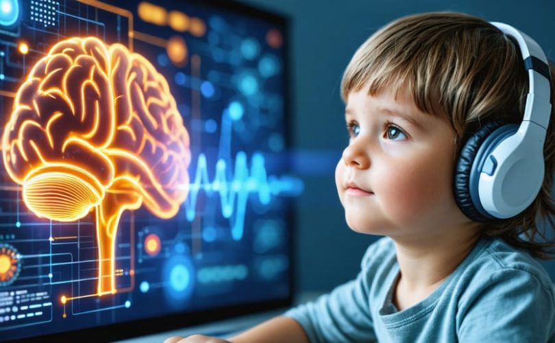 A young child participating in a neurofeedback session, wearing an EEG headset and watching animated feedback on a screen, symbolizing brain activity and development.