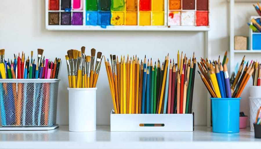 Child-friendly art station with organized supplies including paint, crayons, and paper in accessible containers