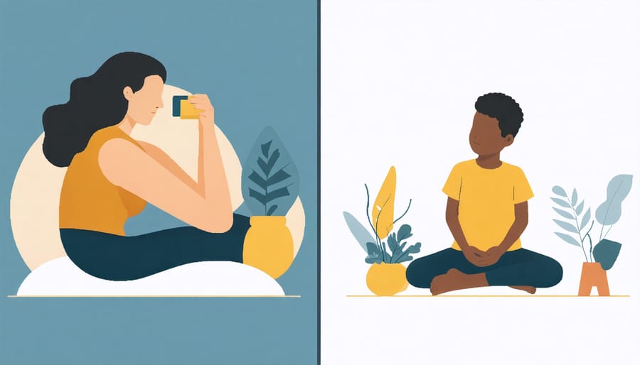 Side-by-side images of parent self-care and child development activities