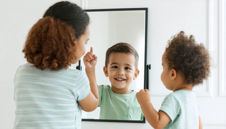Parent and child sharing a positive moment while looking at themselves in a mirror