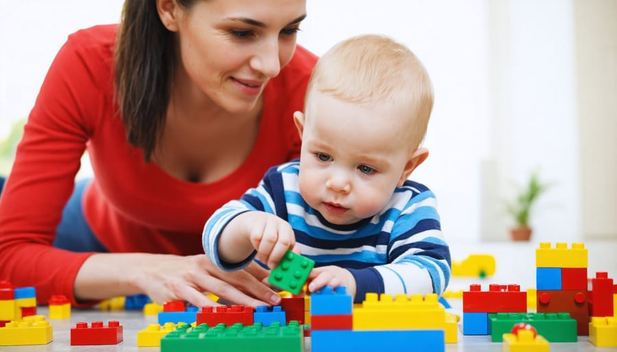 Parent sitting on floor with child, playing together with colorful building blocks and toys