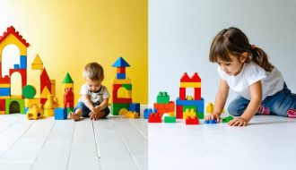Split image contrasting play-based and Montessori learning environments. Left side shows a parent and child engaging in imaginative block play; right side depicts a child working with Montessori materials under gentle parental observation.