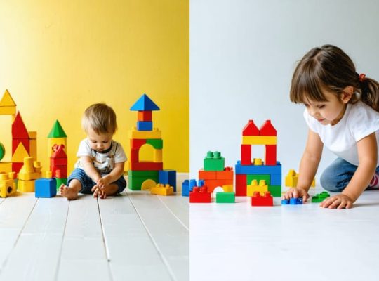 Split image contrasting play-based and Montessori learning environments. Left side shows a parent and child engaging in imaginative block play; right side depicts a child working with Montessori materials under gentle parental observation.