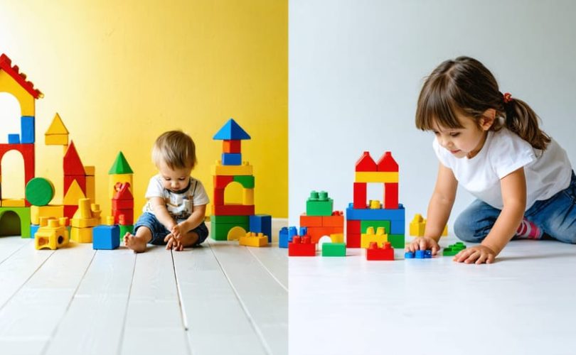 Split image contrasting play-based and Montessori learning environments. Left side shows a parent and child engaging in imaginative block play; right side depicts a child working with Montessori materials under gentle parental observation.