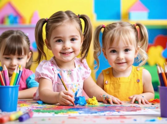 A group of preschool children engaging in vibrant arts and crafts activities, joyfully finger painting and creating paper crafts in a lively and colorful setting.