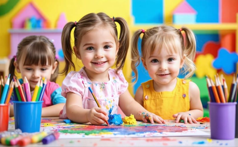 A group of preschool children engaging in vibrant arts and crafts activities, joyfully finger painting and creating paper crafts in a lively and colorful setting.