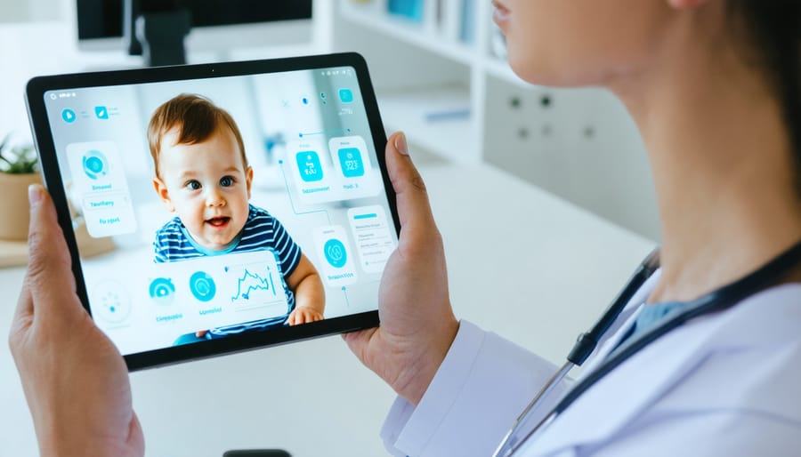 Healthcare professional using AI-assisted technology during a pediatric mental health screening
