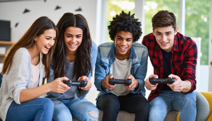 Teenagers engaging in cooperative gaming with positive expressions and social interaction