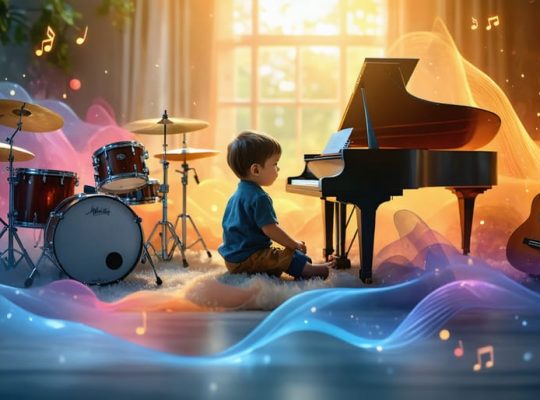 A child interacting with a music therapist in a cozy room filled with musical instruments, illustrating the emotional benefits and transformative nature of music therapy.