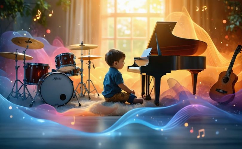 A child interacting with a music therapist in a cozy room filled with musical instruments, illustrating the emotional benefits and transformative nature of music therapy.