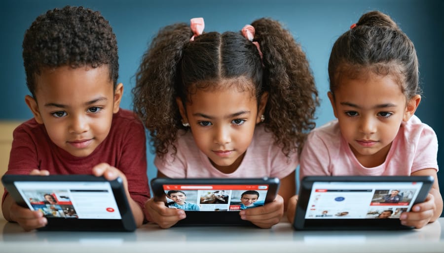Children of different ages engaging with news content on tablets and smartphones