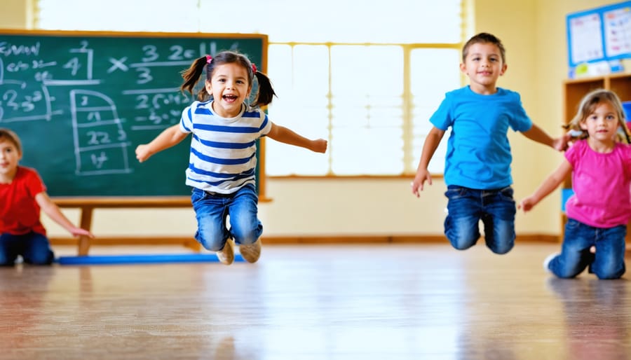 Students engaged in movement-based learning activity in a classroom setting
