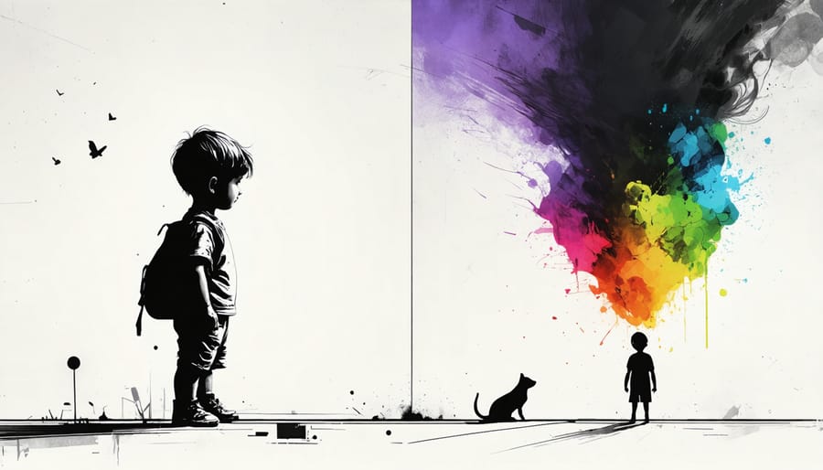 Side-by-side comparison of a child playing normally with peers and a child showing signs of social withdrawal