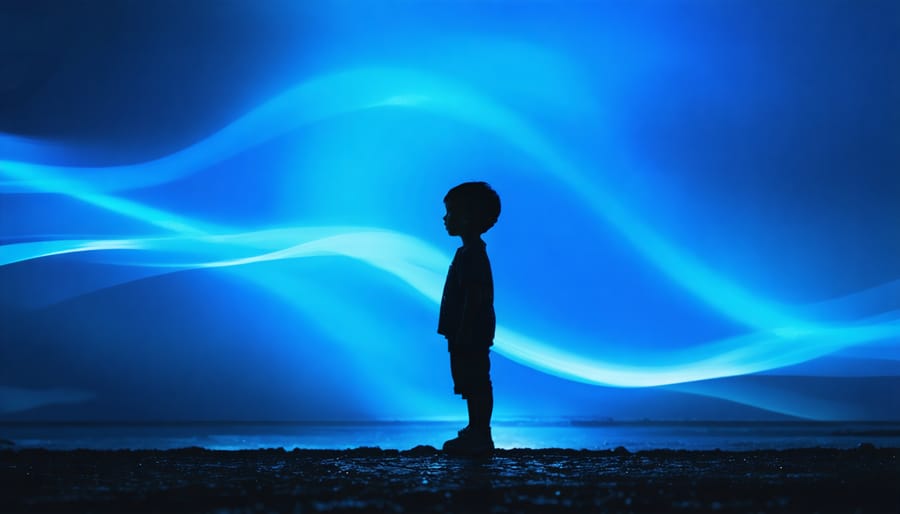Abstract illustration of healing blue light waves enveloping a child's silhouette