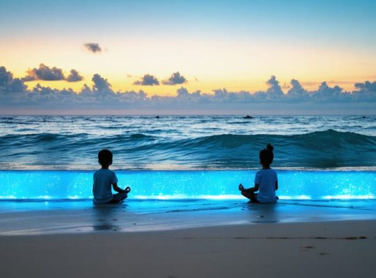 Silhouettes of children practicing meditation at sunrise on a beach, surrounded by gentle blue ocean waves with a subtle blue glow, symbolizing the calming effect of blue light meditation.