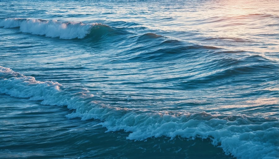 Calming ocean waves with soft blue light reflecting off the water's surface
