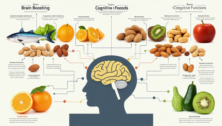 Illustrated diagram showing connection between healthy foods and brain function