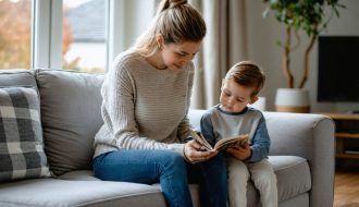 A parent and child sharing a peaceful moment in a cozy living room, symbolizing emotional connection and understanding in overcoming anxiety.