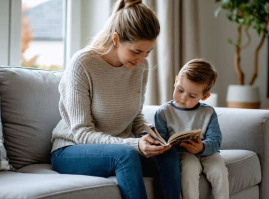 A parent and child sharing a peaceful moment in a cozy living room, symbolizing emotional connection and understanding in overcoming anxiety.