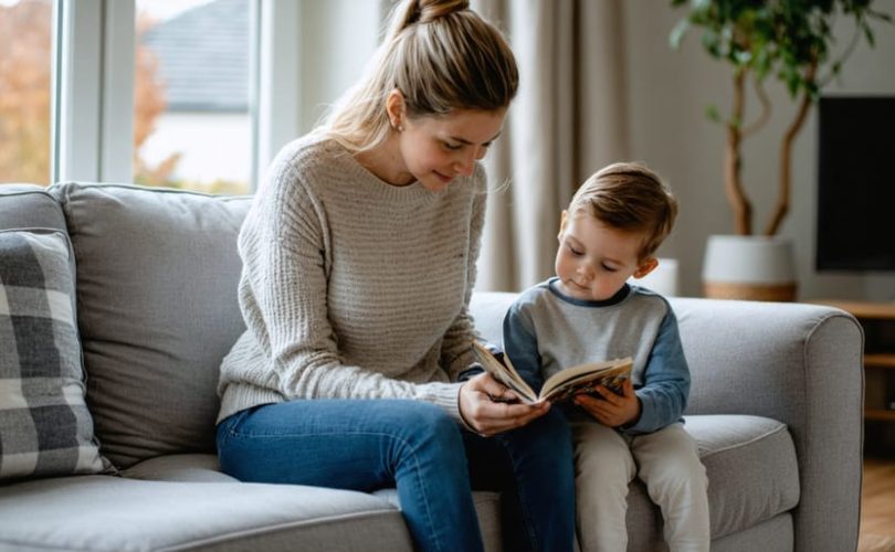 A parent and child sharing a peaceful moment in a cozy living room, symbolizing emotional connection and understanding in overcoming anxiety.