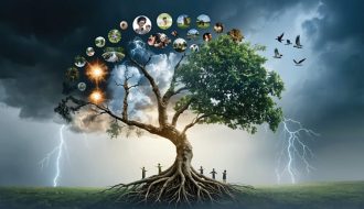 Illustrated family tree symbolizing intergenerational trauma and healing, with roots entwined with broken chains transforming into branches blossoming with hope and resilience.