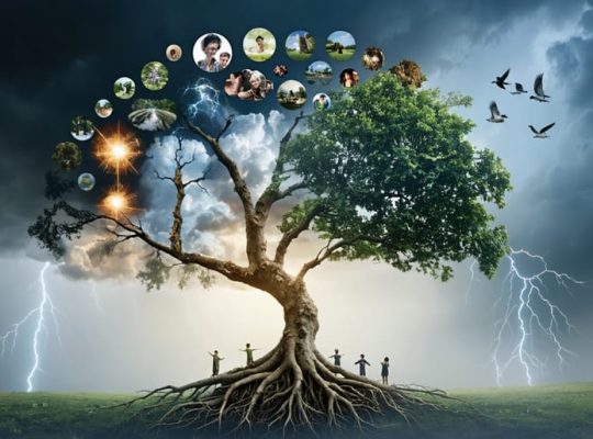Illustrated family tree symbolizing intergenerational trauma and healing, with roots entwined with broken chains transforming into branches blossoming with hope and resilience.