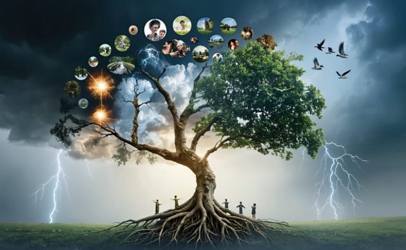 Illustrated family tree symbolizing intergenerational trauma and healing, with roots entwined with broken chains transforming into branches blossoming with hope and resilience.