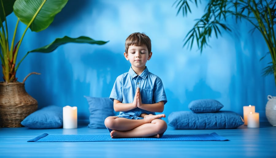 Young child sitting cross-legged on cushions in a peaceful blue meditation space