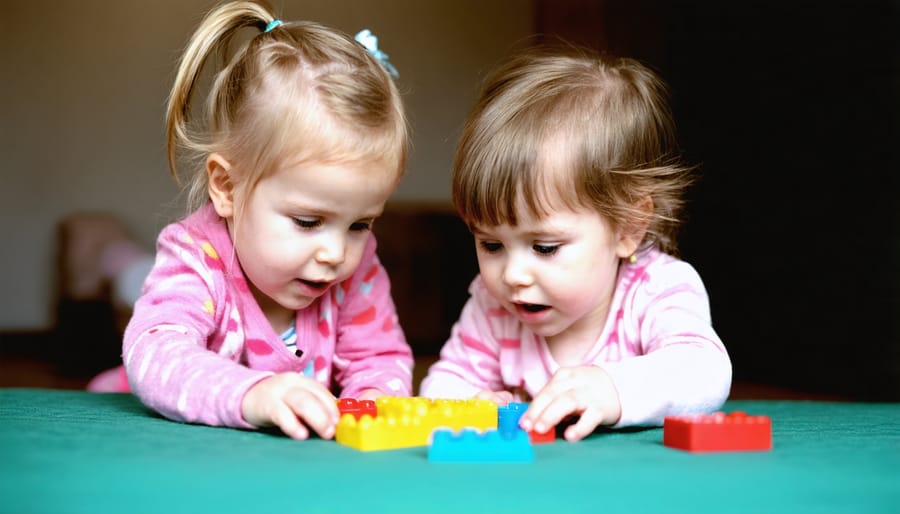 Two young children working together to build a block structure, demonstrating cooperation and communication