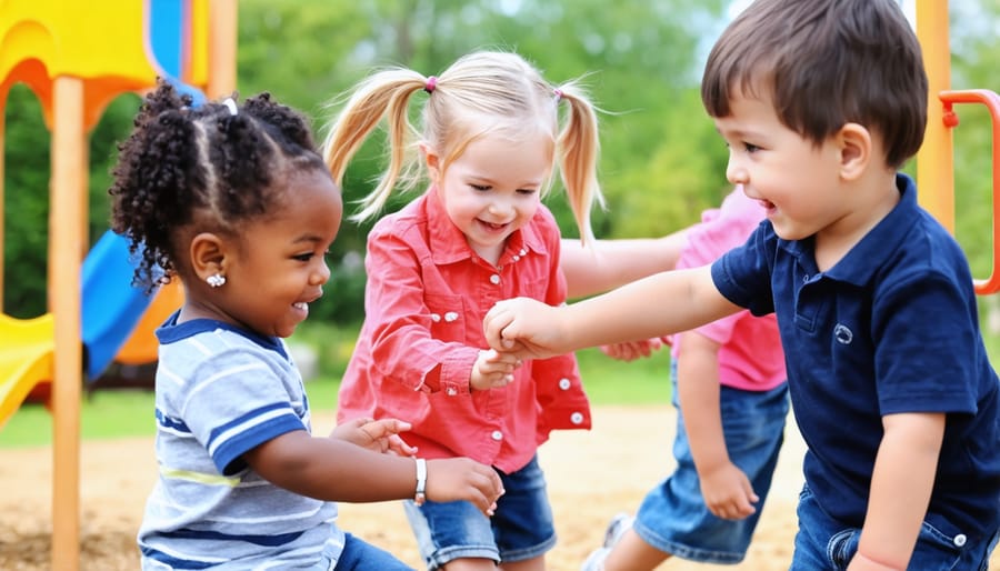 Diverse group of elementary school children playing and laughing together during recess