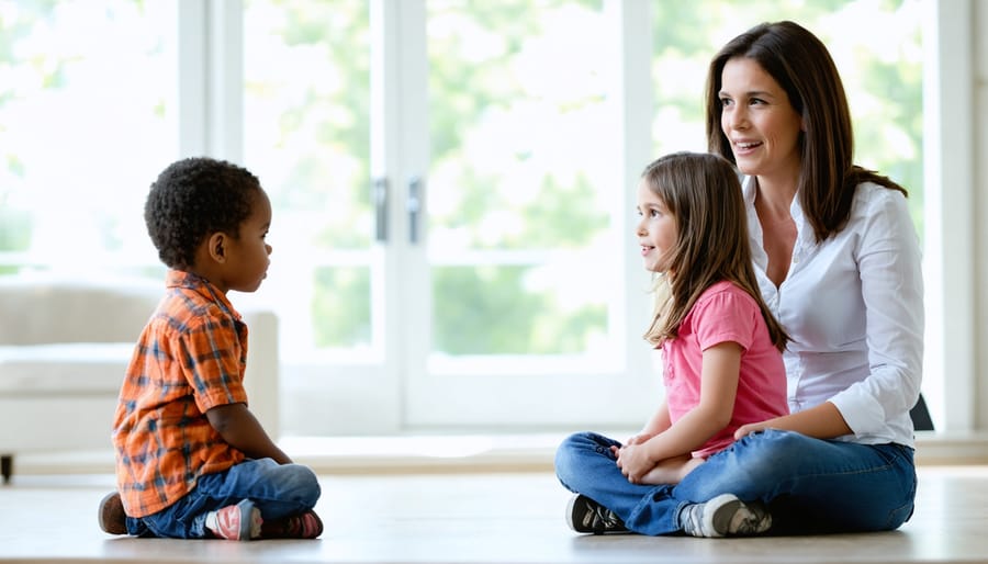 Adult helping two children work through a disagreement using positive conflict resolution techniques