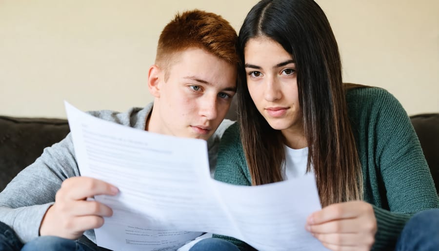 Parent and teen examining medical consent forms at kitchen table