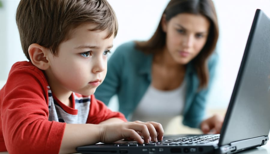Young student displaying signs of screen fatigue with a worried parent watching
