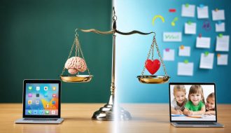 Balanced scales representing digital learning and mental well-being, with digital tools on one side and mental health symbols on the other, set against a blended classroom and digital space background.