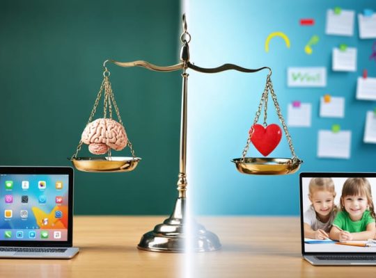 Balanced scales representing digital learning and mental well-being, with digital tools on one side and mental health symbols on the other, set against a blended classroom and digital space background.