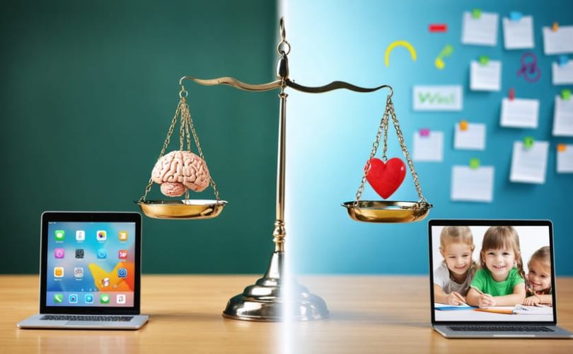 Balanced scales representing digital learning and mental well-being, with digital tools on one side and mental health symbols on the other, set against a blended classroom and digital space background.