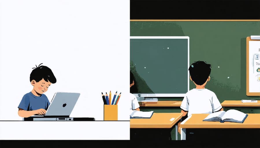 Comparison of digital and traditional learning environments showing a student using a tablet versus sitting in a classroom